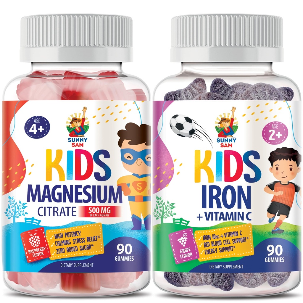 SunNY SAM Iron Gummies for Kids & Magnesium Gummies for Kids & Adults - 500 מ"ג - Calm Magnesium Chews - Magnesium Citrate Chewable for Mood & שריר תמיכה