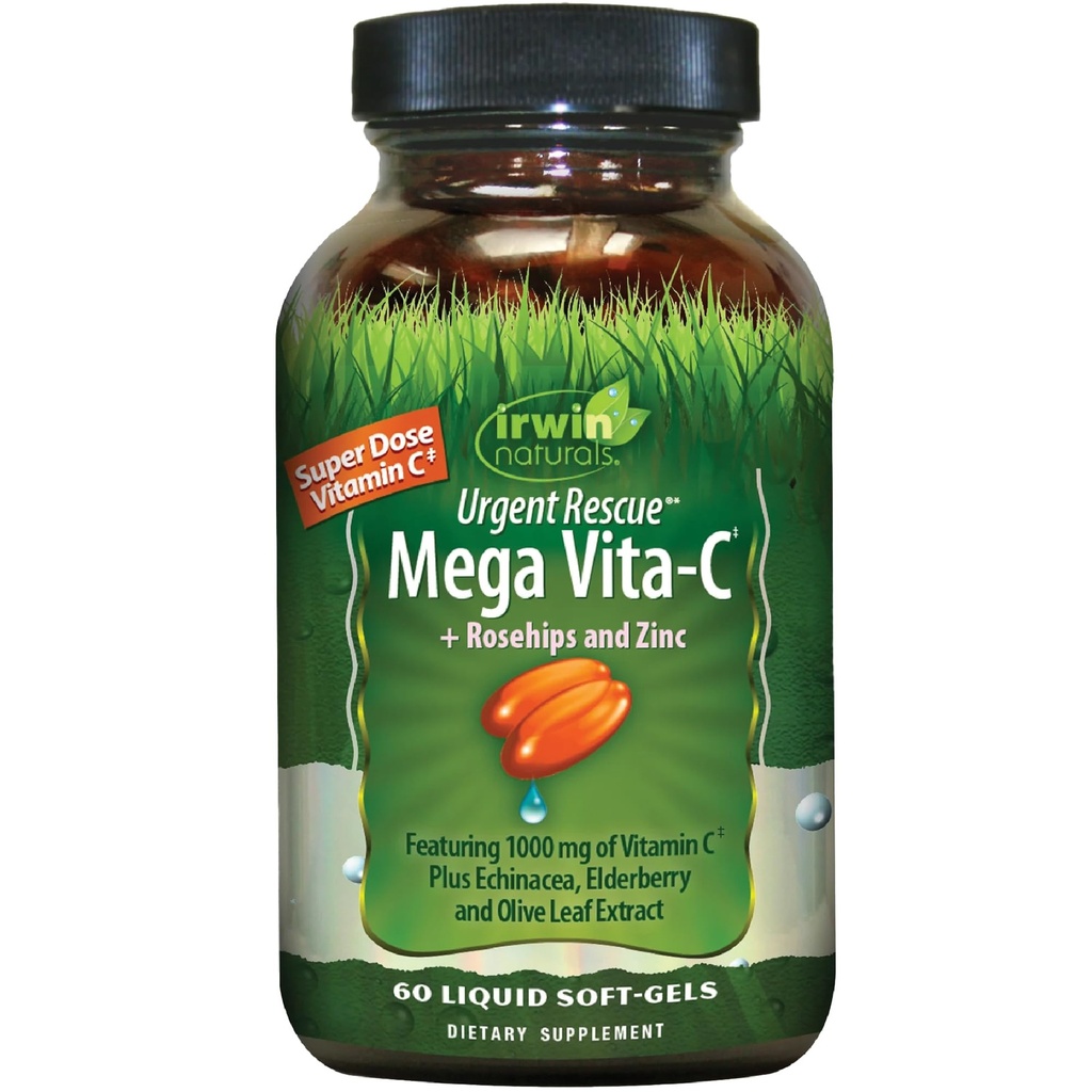 Irwin Naturals Orgent Rescue Mega Vita-C - 60 Softgels נוזלי - 1,000 מ"ג של ויטמין C - Immune Support Supplement with Rosehips ו- Zinc