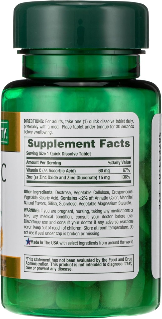 Nature's Bounty, ויטמין C + Zinc, תומך בבריאות החיסון, תוסף ויטמין, 60 מ"ג, 60 טבליות (Pack of 2)