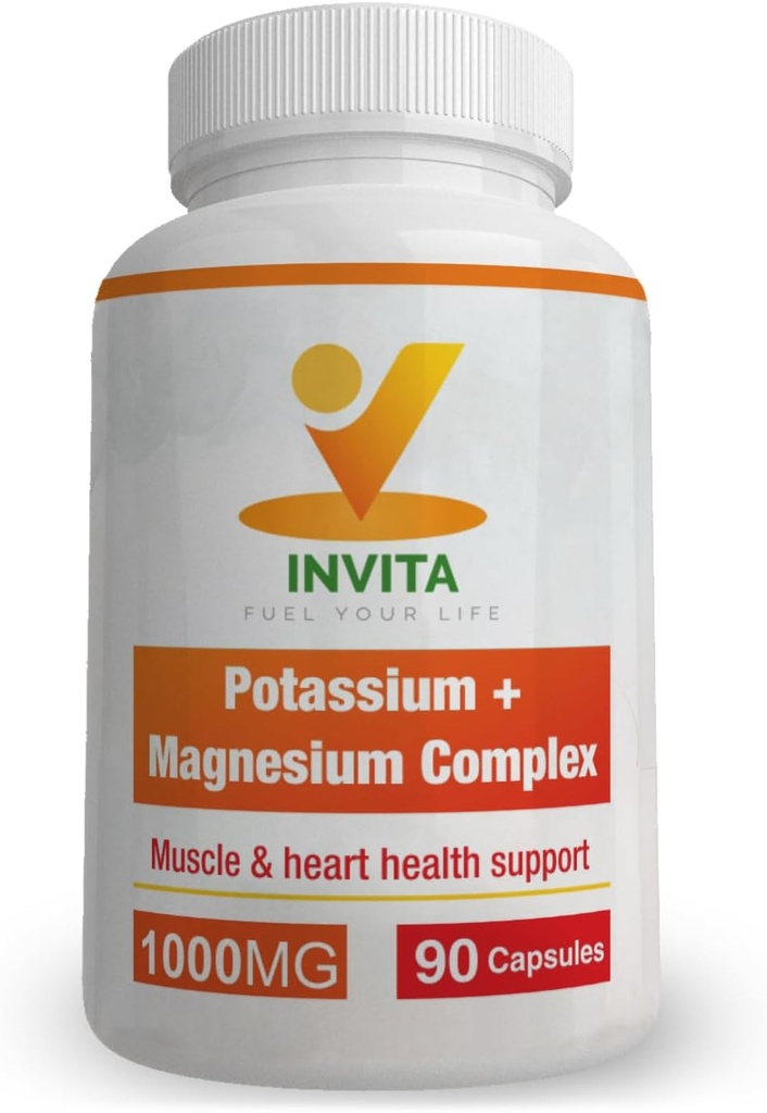 Invita Potassium Magnesium מורכב 1000 MG עבור תמיכה גופנית שרירים I (90 קפסולות) - High Absorption Potassium Aspartate עם Magnesium Aspartate Oxide Glycinate Gluconate & Citate