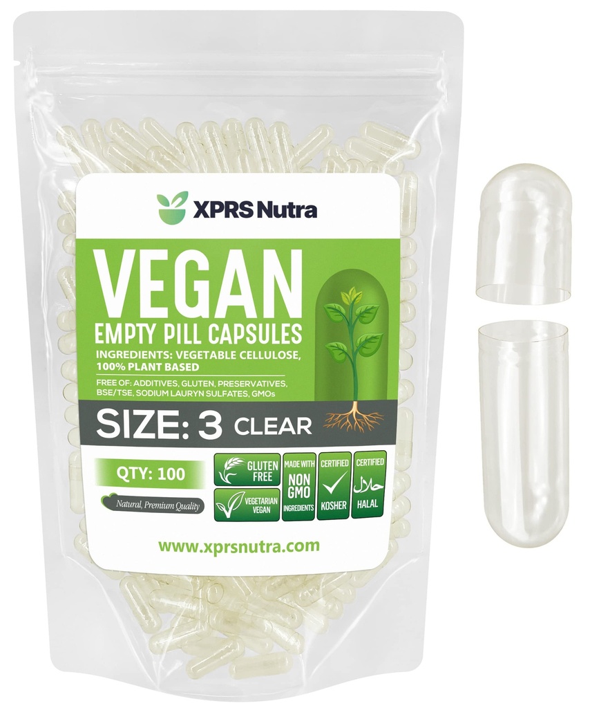 XPRS Nutra Size 3 קפסולות ריקות - 100 Count Clear Vegan כמוסות - גלולות צמחוניות - קפסולת ירקות DIY מילוי - Veggie Pill Caps