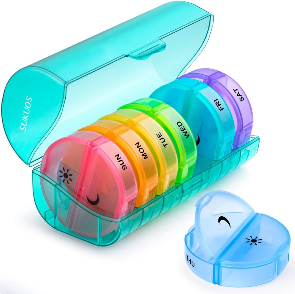 Sukuos גדול כדור שבועי מארגנת 2 פעמים ביום, יום הכדור היומי Box 7 Day Easy to open with Double Protection, AM PM Pill Case for Medicine/Vitamin/Fish Oil/Supplements (Cyan)