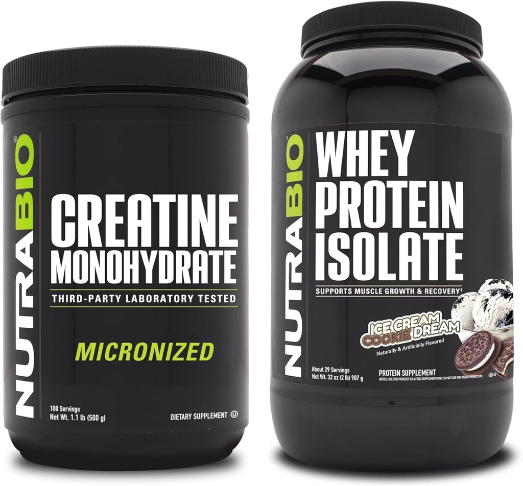 NutraBio Creatine Monohydrate, Unflavored, 500g ו Whey חלבון Isolate, Ice Cream Cookie חלום, תוספת Bundle - שריר אנרגיה, Lean Growth, התאוששות וכוח