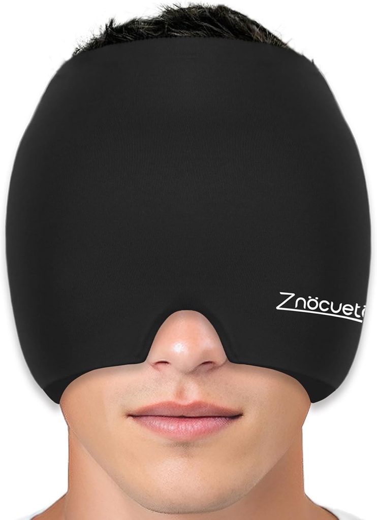ZNÖCUETÖD Migraine Head Relief Cap Hat Full Head Ice Pack Wrap Cooling Gel Ice Beanie Hot/Cold Compression Cap for Sinus, Stress, Stickover Headache הקלה - נשים וגברים, שחור, גודל M