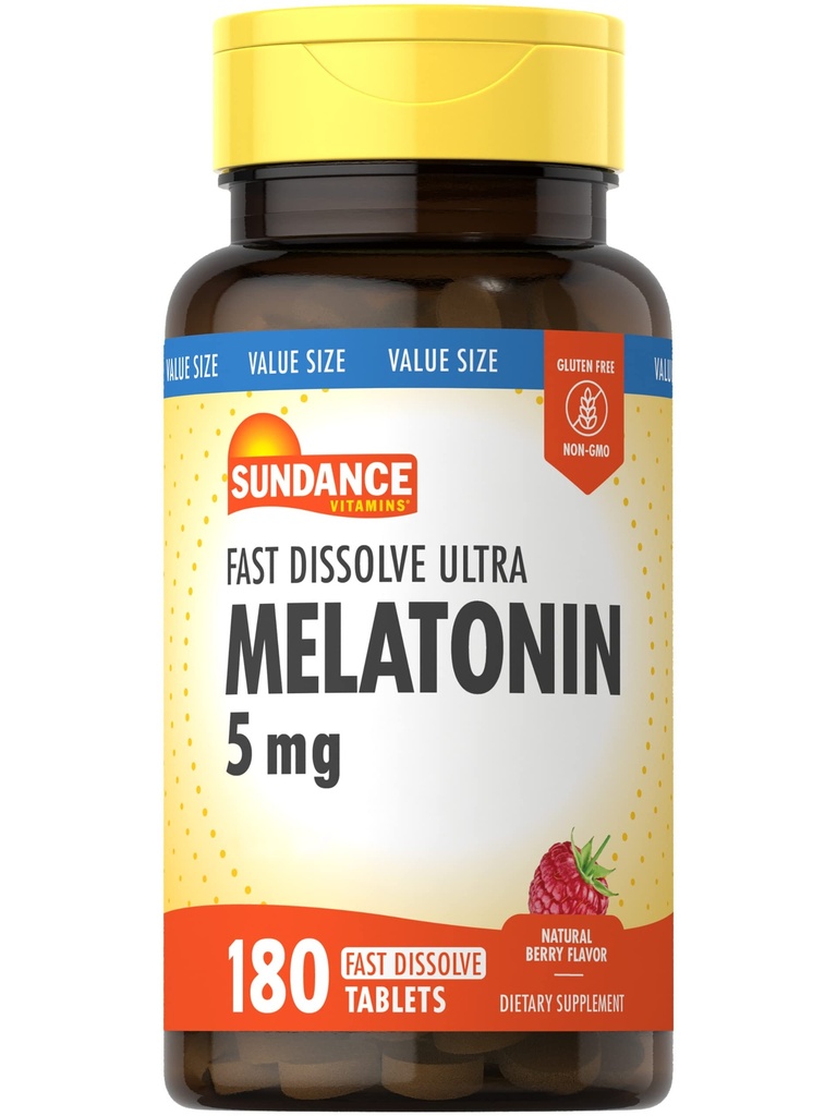 Sundance Melatonin 5 מ"ג טבליות | 180 Vegetarian Count | Fast Dissolve | Natural Bre Flavor | Vegetarian, non-GMO ו- Gluten Free Supplement
