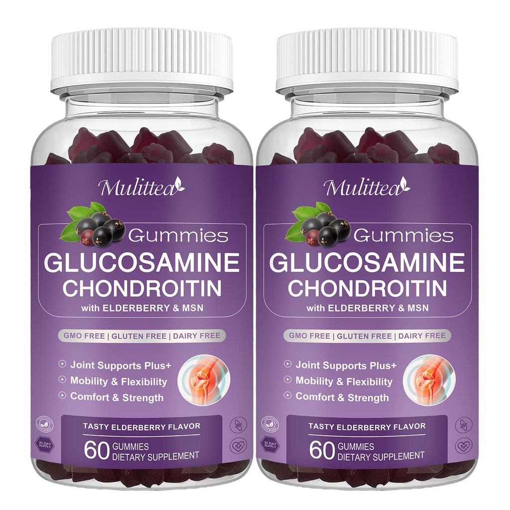 Moittea Glucosamine Chondroitin Gummies - תוספת תמיכה משותפת תוספת כוח עם MSM & Elderberry עבור תמיכה טבעית משותפת, אנטי-חמצן תמיכה למבוגרים, גברים ונשים-(2 Pack)