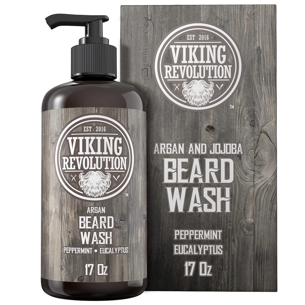Beard Wash Shampoo w/Argan & Jo Joba Oils - Softens & Powerens - Natural Peppert ו Eucalyptus Scent - Beard Shampoo w/Beard Oil (17 oz Shampoo)
