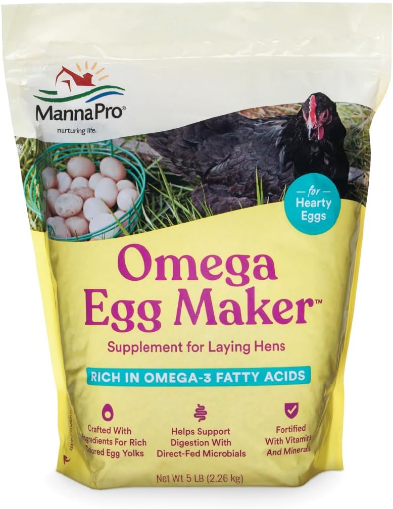 Manna Pro Omega Egg Maker, Chicken Feed Supplement for Laying Hens, Poultry Food with Omega-3 Fatty Acids, Digestion Support with Fortified Vitamins & Minerals, 5 lbs