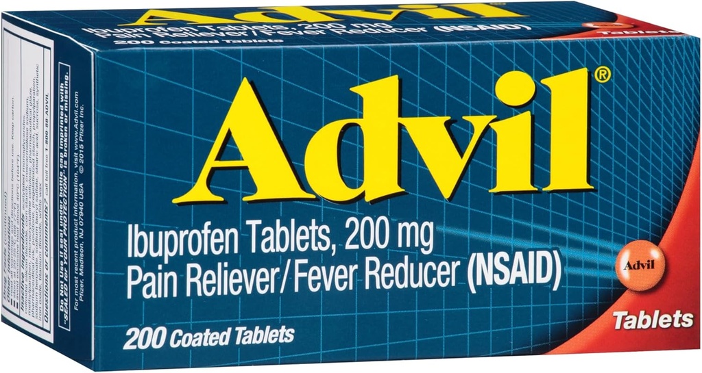 Advil Pain Reliever ו- Fever להפחית, טיפול בכאב עם Ibuprofen 200 מ"ג עבור כאבי ראש, כאבי גב, כאב חד סטריפי וסיוע כאב משותף - 200 טבליות coated
