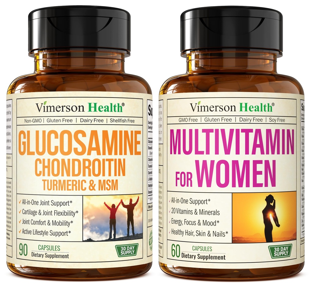 Glucosamine Chondroitin Turmeric + Multivitamin עבור נשים 2-Bottle תוספת Bundle עבורה.תגובה בריאה Immune, תמיכה משותפת, נכסים נוגדי חמצון