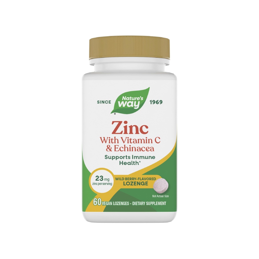 Nature's Way Zinc Lozenges עם ויטמין C & Echinacea, תוספי Zinc לגברים ונשים, Immune Support *, Wild Berry Flavor, 60 Lozenges (Packaging May Vary)