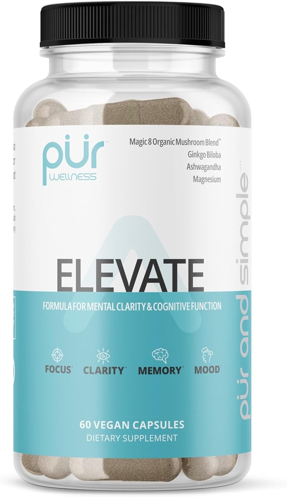 PUR Wellness Elevate Nootropic Brain תוסף עבור Focus Clarity Memory Mood, 8 Mushroom, גינקו בילובה, Ashwagandha, Magnesium for Natural Energy, Caffeine-Free for Concentration