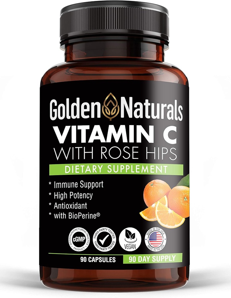 Golden Naturals ויטמין C עם All Natural Rose HIPS, 1000 מ"ג, Immune Boosting Support and Powerful Antioxidant, High Absorption with BioPerine, שיפור בריאות העור, 90 קפסולות