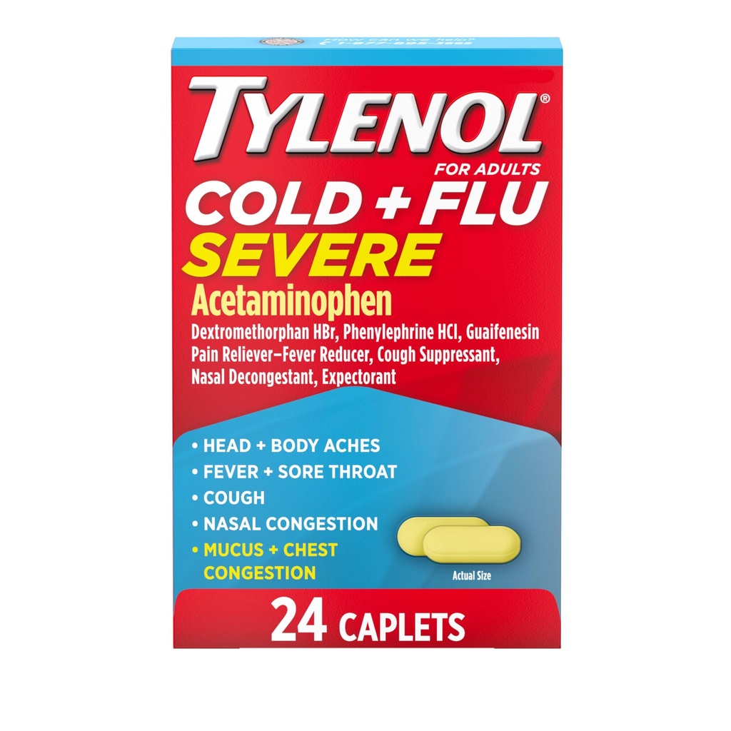 Tylenol Cold + Flu Severe Medicine Caplets עבור Fever, כאב, Cough &ונגestion, 24 ct.