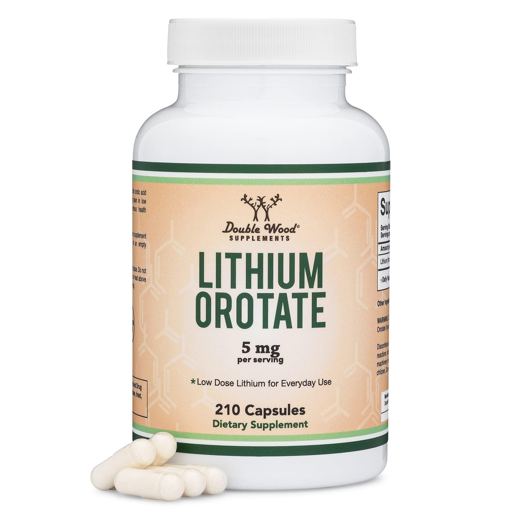 Lithium Orotate 5mg of Elemental Lithium for Cognition and Brain Health, 210 קפסולות (המפלגה השלישית נבדקה, טבעוני בטוח, non-GMO) על ידי תוספי עץ כפול
