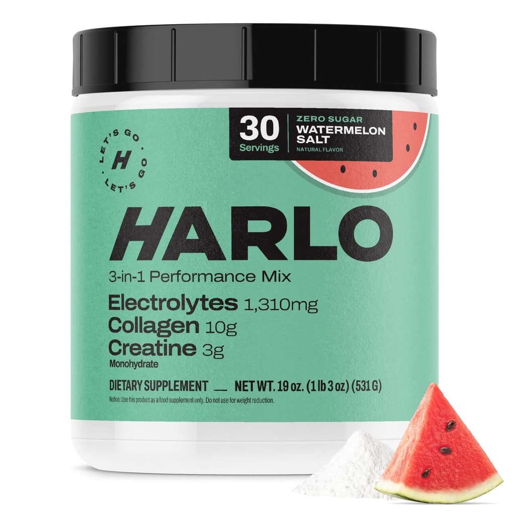 Harlo - Watermelon Salt Electrolyte Drink Mix w/Bovine Collagen & Creatine - Creatine Monohydrate אבקת - אבקת משקאות אנרגיה - אבקת טרום עבודה - משקאות אנרגיה חינם סוכר - Post Workout Recovery
