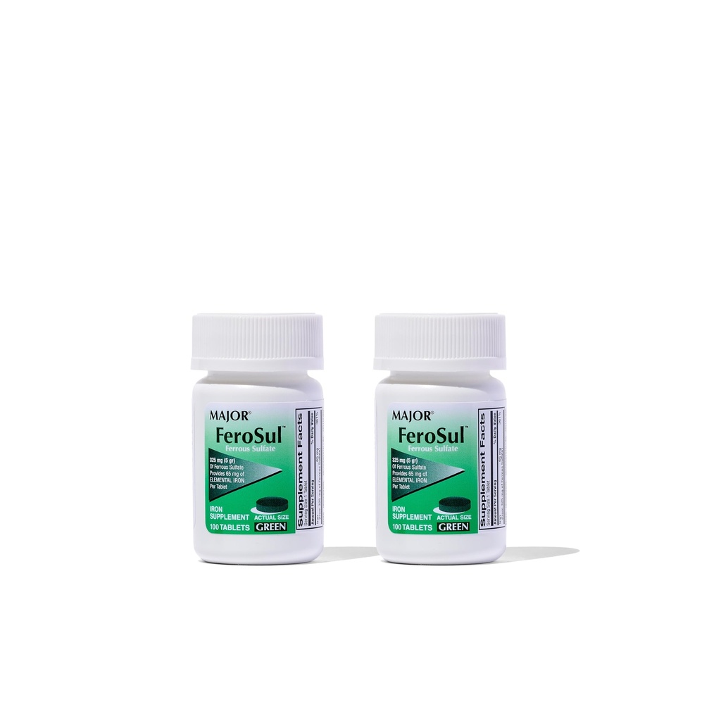Major Ferosul - Ferrous Sulfate 325 מ"ג טבליות עם 65 מ"ג של ברזל אלמנטרי - תוספת ברזל לנשים, גברים - ירוק - 100 Count (2 Pack)