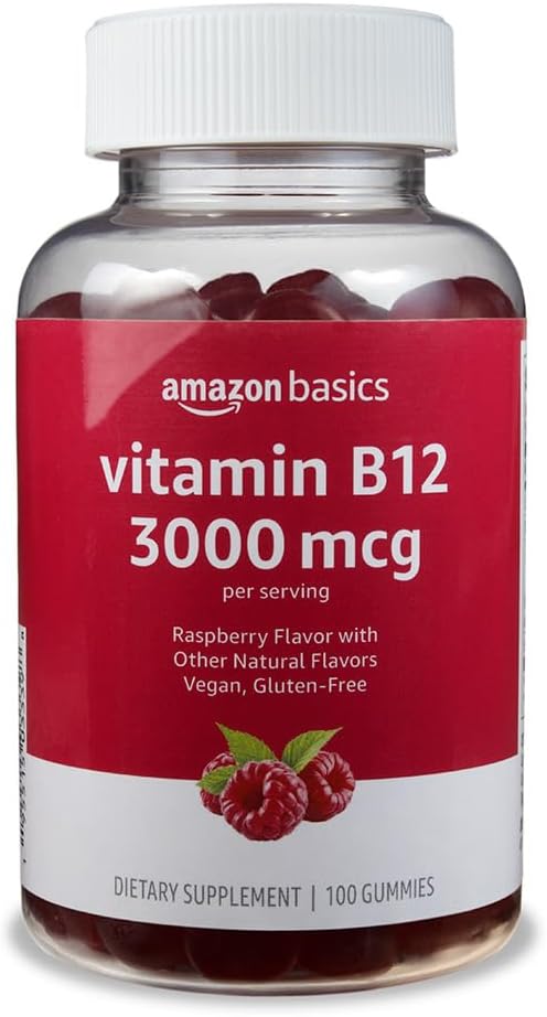יסודות ויטמין B12 3000 mcg Gummies, ייצור אנרגיה רגילה ומטבוליזם, תמיכה במערכת החיסון, Raspberry, 100 Count (2 לכל מנה) (לשעבר Solimo)
