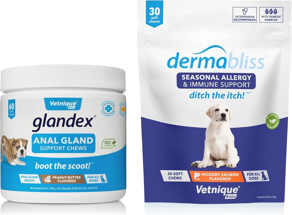 Vetnique Labs Dermabliss Allergy Chews 30 Ct and Glandex Anal Gland Support Chews 60 Ct Bundle Dog Vitamins & Supplements, Anal Gland Dog Treats with Probiotics, Dog Allergies Skin Treatment Soft Chew