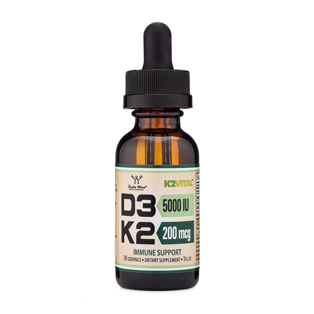 ויטמין D3 K2 5000 IU נוזלי טיפות (5,000 IU של D3 ו 200mcg של 99.9% All-Trans פטנטים K2 MK-7 (K2Vital) Max Absorption נוזל D טיפות (30 משרתים) על ידי Double Wood Wood