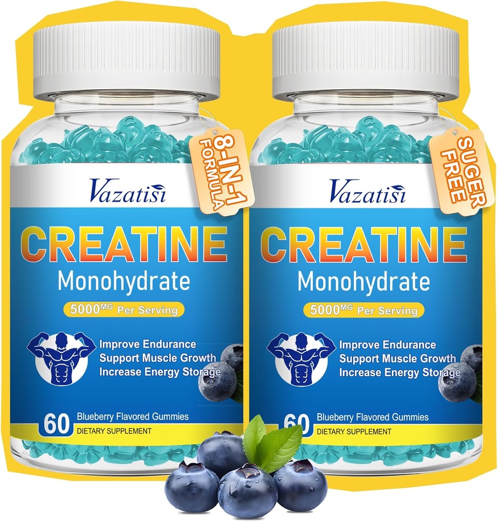 2 Pack Creatine Monohydrate חניכיים עבור נשים וגברים, סוכר חינם קריאטין תוספת לבנות שרירים, להגדיל אנרגיה וכוח, Blueberry Flavor, 120 הרוזן