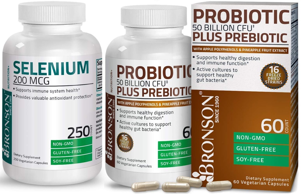 ברוונסון פרוביוטיקה 50 מיליארד CFU + Prebiotic עם Apple Polyphenols & Pineapple פירות לחלץ + Selenium 200 Mcg עבור מערכת החיסון, Thyroid, Prostate ובריאות הלב