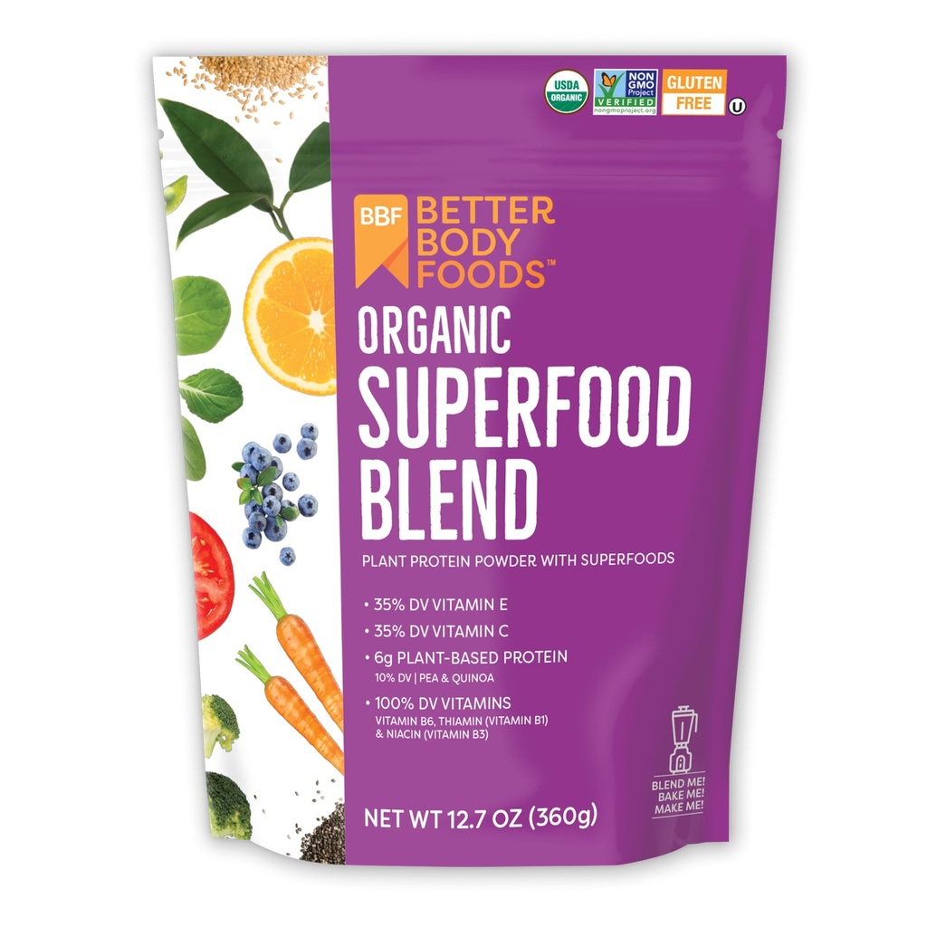 BetterBody Foods אורגני אבקת Superfood עם חלבון, ויטמינים C, E ו- B12 (12.7 oz).