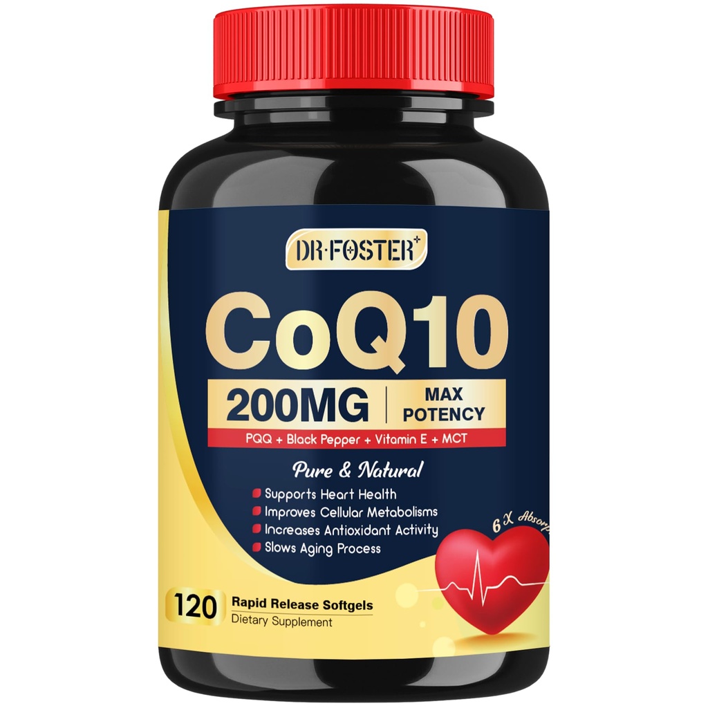 DRFOSTER Coq10 200 מ"ג, Coenzyme Q10 עבור Antioxidant & Energy הפקה, 6X גבוה Absorption Cq10 עם ויטמין E & PQ & Black Pepper, Co q 10 תוספת 120 משרתות
