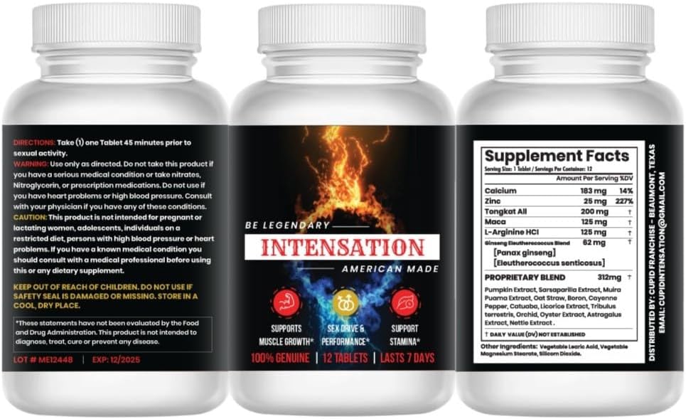 INTENSATION - תוספת גברית - All Natural Stamina Support - Last Longer - הגדלת גודל, כוח וסטמינה - שיפור רמת האנרגיה - אופטימיזציה Vitality - 12 טבליות
