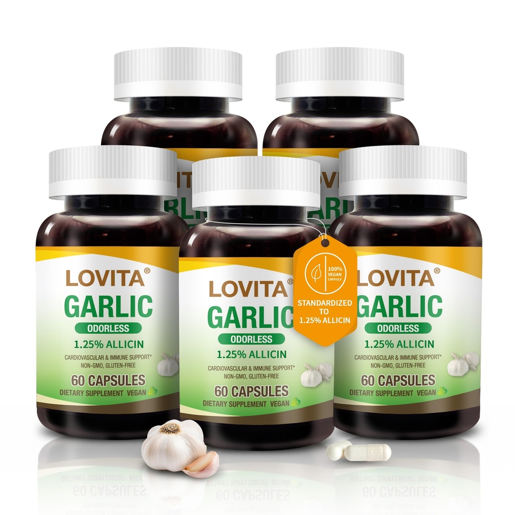 Lovita Odorless Garlic כמוסות, 5000 מ"ג חדש Garlic Equivalent, 1.25% Allicin Extract, תומך הלב, לחץ דם, כולסטרול מערכת החיסון, Non-GMO, Gluten-Free, 300 קפסולות טבעוניות