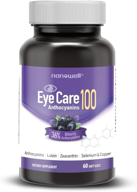 NANOGood EyeCare Anthocianins 100 - תוספי בריאות העין עם Bilberry, Zeaxanthin, Lutein, Anthocyanins, A, E, Selenium & Copper - 60 Softgels, 60 יום אספקת אספקה אספקת ימים