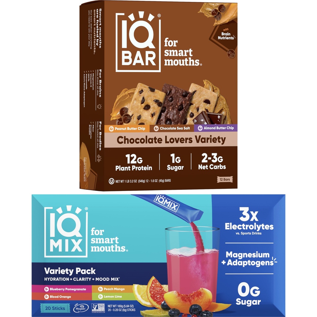 IQBAR Brain and Body Keto חלבונים Bars - 12 חובבי שוקולד ספירה Variety Low Carb, טבעוני Bars & IQMIX סוכר חינם אבקת Packets - 20 Count Variety Pack Keto Electrolytes with Lions Mane