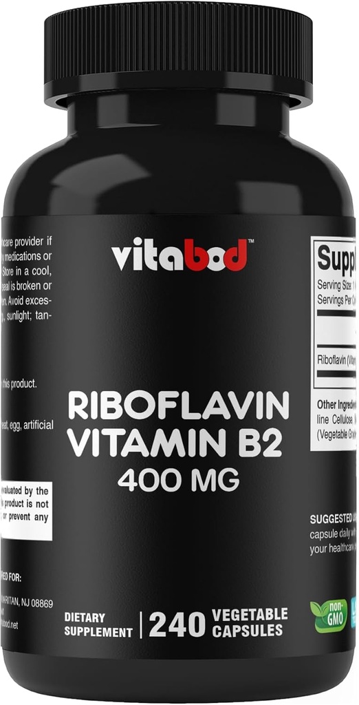 ויטמין B2 (Riboflavin) 400 מ"ג 240 קפסולות צמחוניות - תמיכה באנרגיה סלולרית ו- Red Blood Cell הפקה