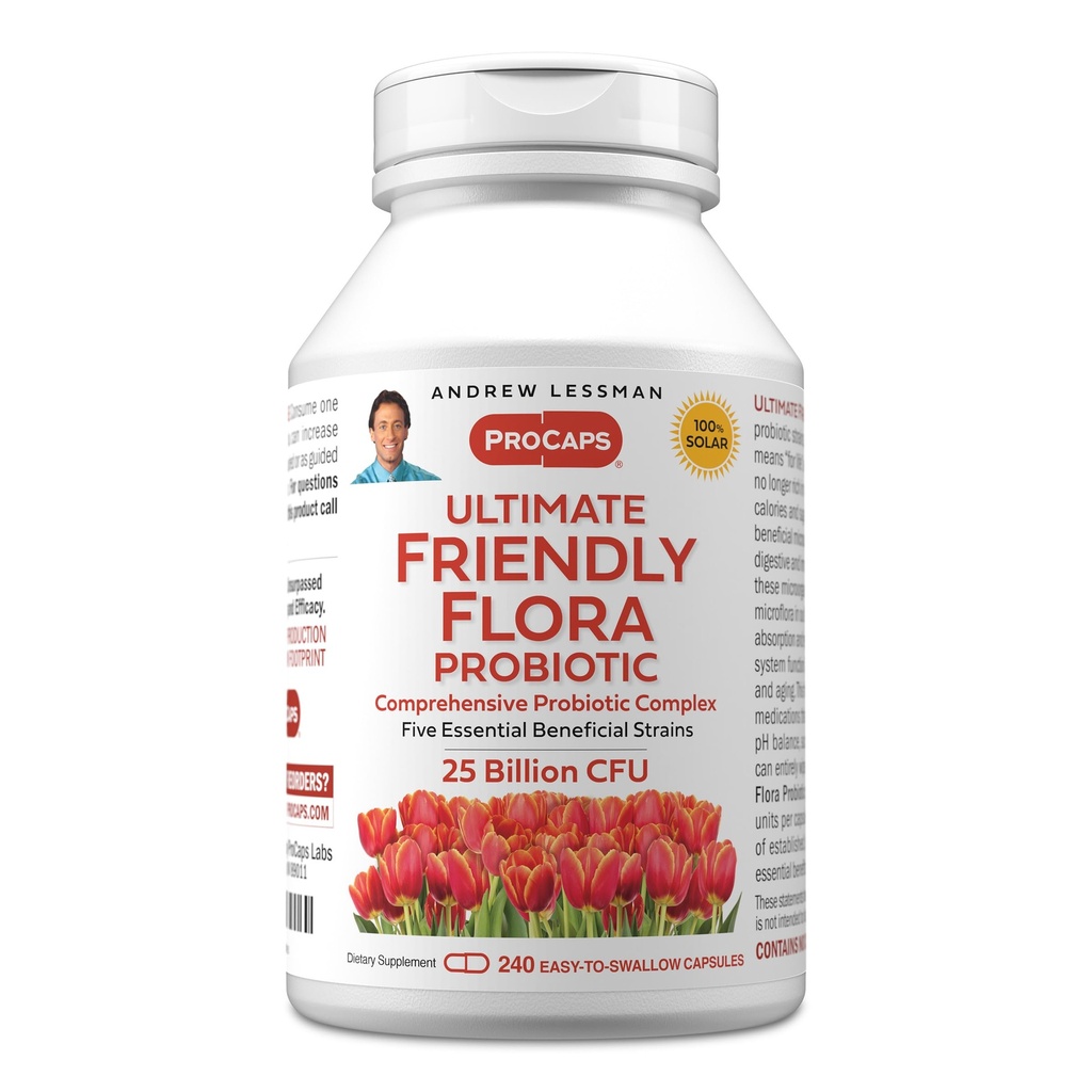 ANDREW LESSMAN Ultimate Friendly פלורה פרוביוטיקה 240 קפסולות - 25 מיליארד CFU, מגוון רחב של 5 Probiotic Strains, Powerful Immune and Digest Support. פרוביוטיקה לנשים או לגברים