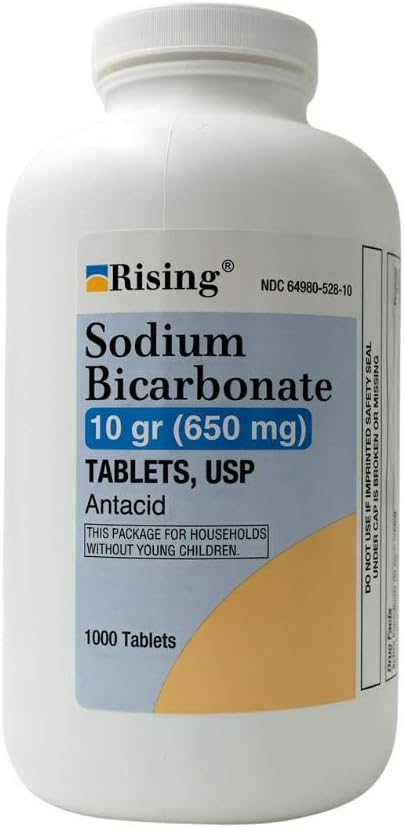 Rising Pharma - Sodium Bicarbonate 650 מ"ג - Antacid בשימוש עבור Acid Indigestion, Heartburn, Sour Stomach Stomach Upset - 1000 Tablet