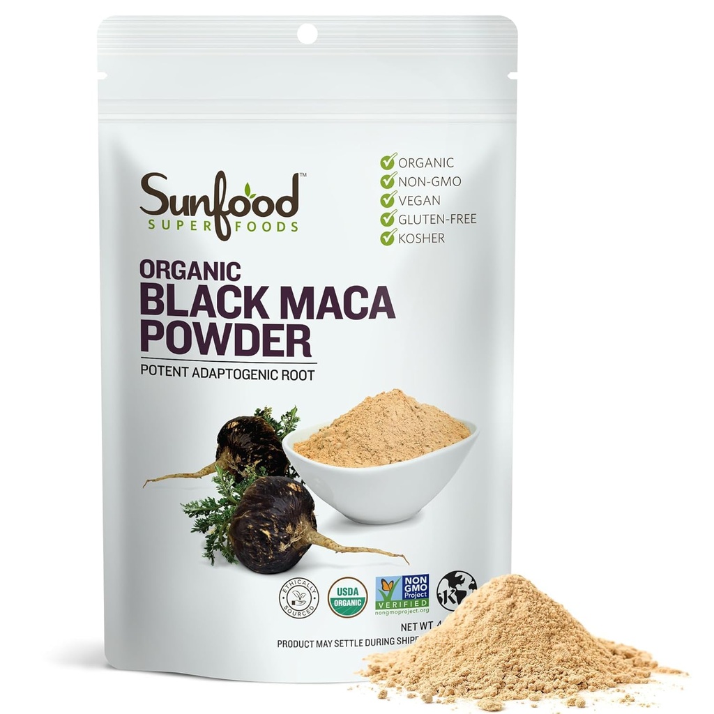 Sunfoods Superfoods Organic Black Maca אבקה שורש שחור, Black Maca Root for Men & Women, פרואני, Raw, Raw, Vegan, Premium Black Maca - 4 oz Bag