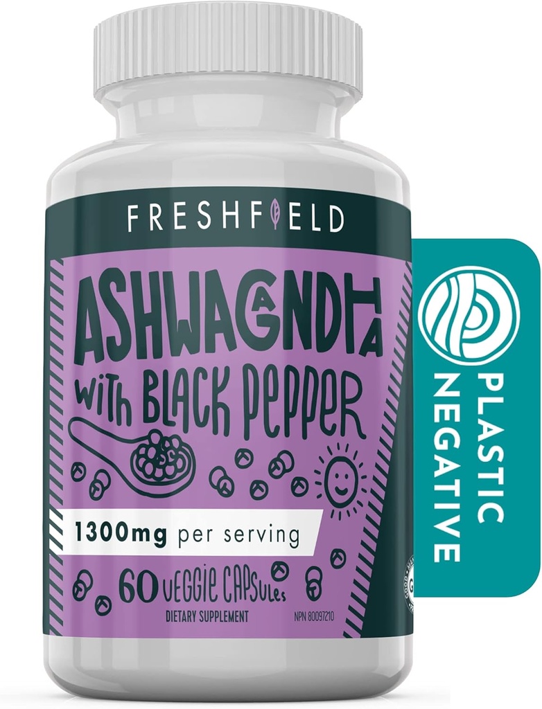 Freshfield Ashwagandha עם Black Pepper. תוספת טבעונית ידידותית לתמיכה של Adrenal Fatigue, שריר זיכרון, Thyroid וחוזק. All Natural 1300 מ"ג קפסולות