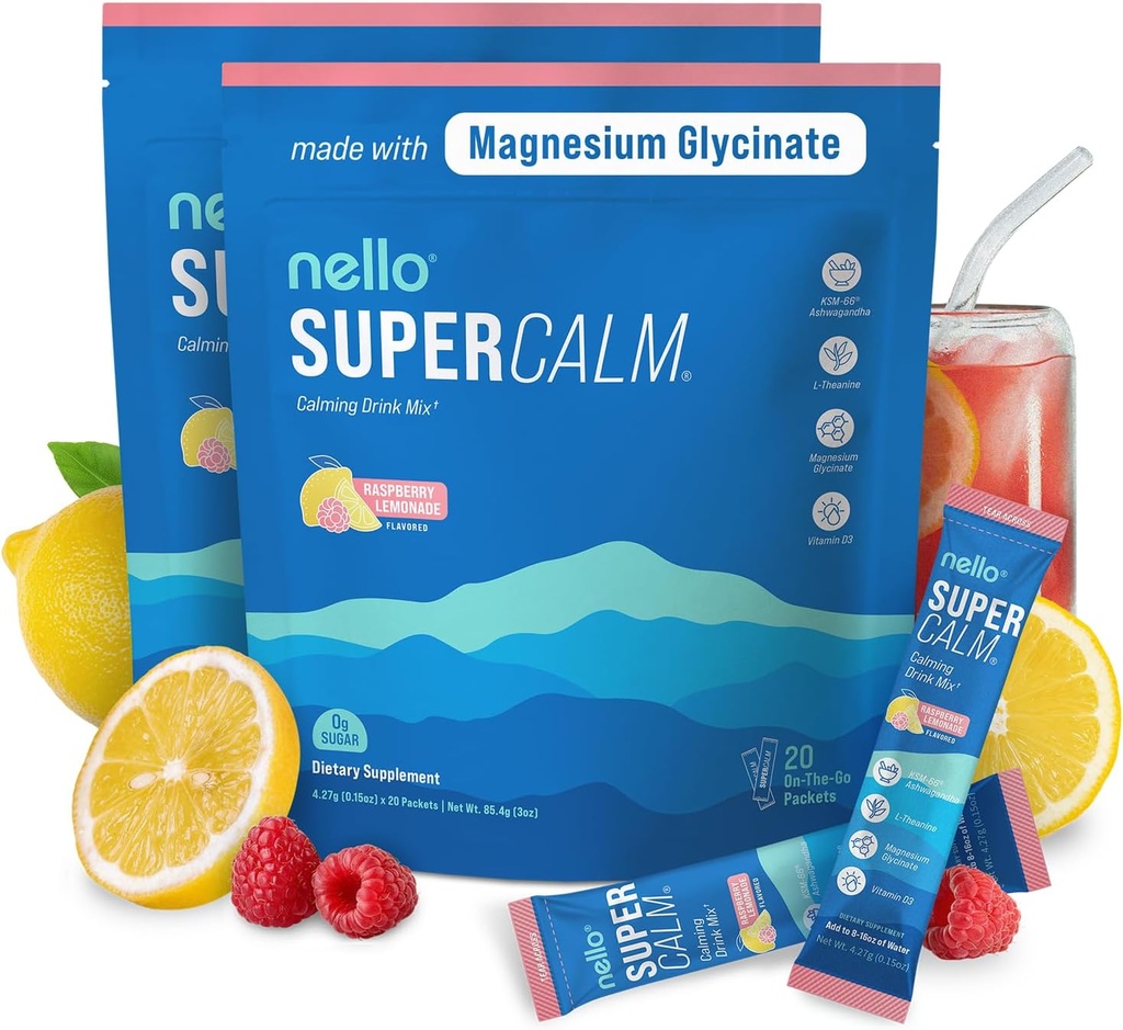 Nello Supercalm אבקת שתייה Mix, Raspberryade, L Theanine, Ksm-66 Ashwgandha, Magnesium Glycinate, ויטמין D 3, תוספי מזון להרגעה ומקד, No Sugar, non GMO, On The Go, (2-Pack)