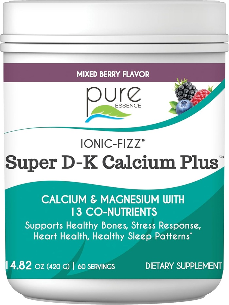 Ionic Fizz Super D-K Calcium Plus על ידי Pure Essence - עם תוספת מגנזיום, ויטמין D3, ויטמין K2 עבור עצמות חזקות ותמיכה מתח - מעורב ברי - 14.82oz