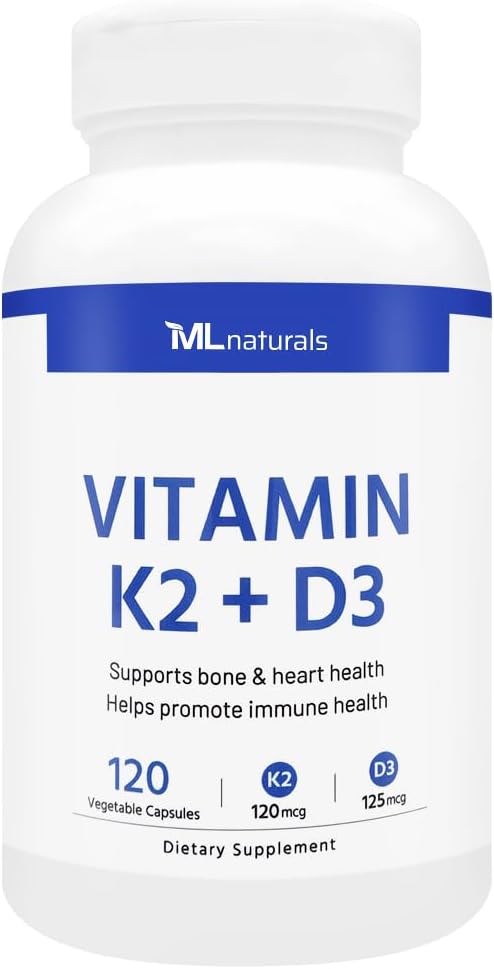 ML Naturals ויטמין K2 + D3 120 קפסולות ירקות, NSF-Certified & cGMP-Compliant