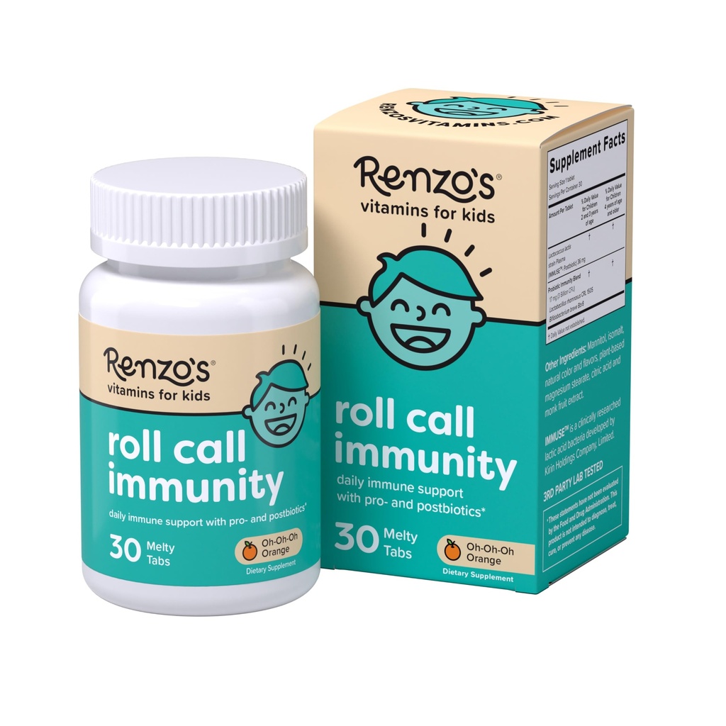 Renzo's Roll Call Immunity - תוספי תמיכה בלתי פתורים לילדים עם IMMUSE Postbiotic, Sugar-Free Kids, 30 Orange-Flavored Melty Tabs