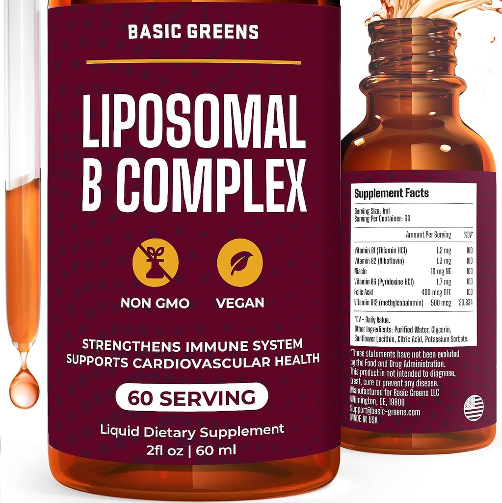 Liposomal B ויטמינים מורכבים נוזל - High Absorption for Energy, Brain & Skin Health, Hair & Nails, Advanced Liposomal Delivery, טבעוני, non-GMO, 2 Fl Oz