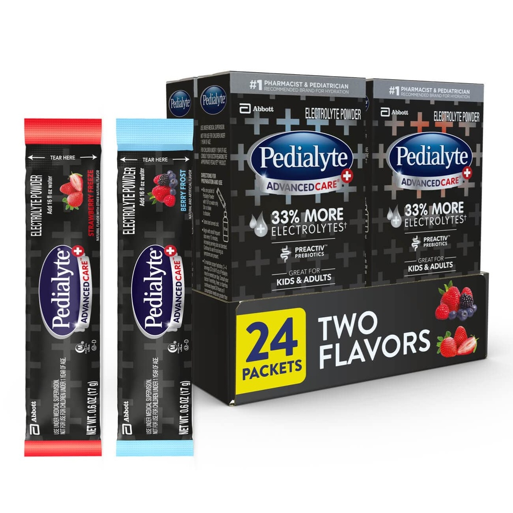 Pedialyte AdvancedCare Plus Electrolyte אבקת, יש 33% יותר אלקטרוליטים ו-PreActiv Prebiotics, Variety Pack: ברי פרוסט ו-Strwberry להקפיא, 24 אבקות