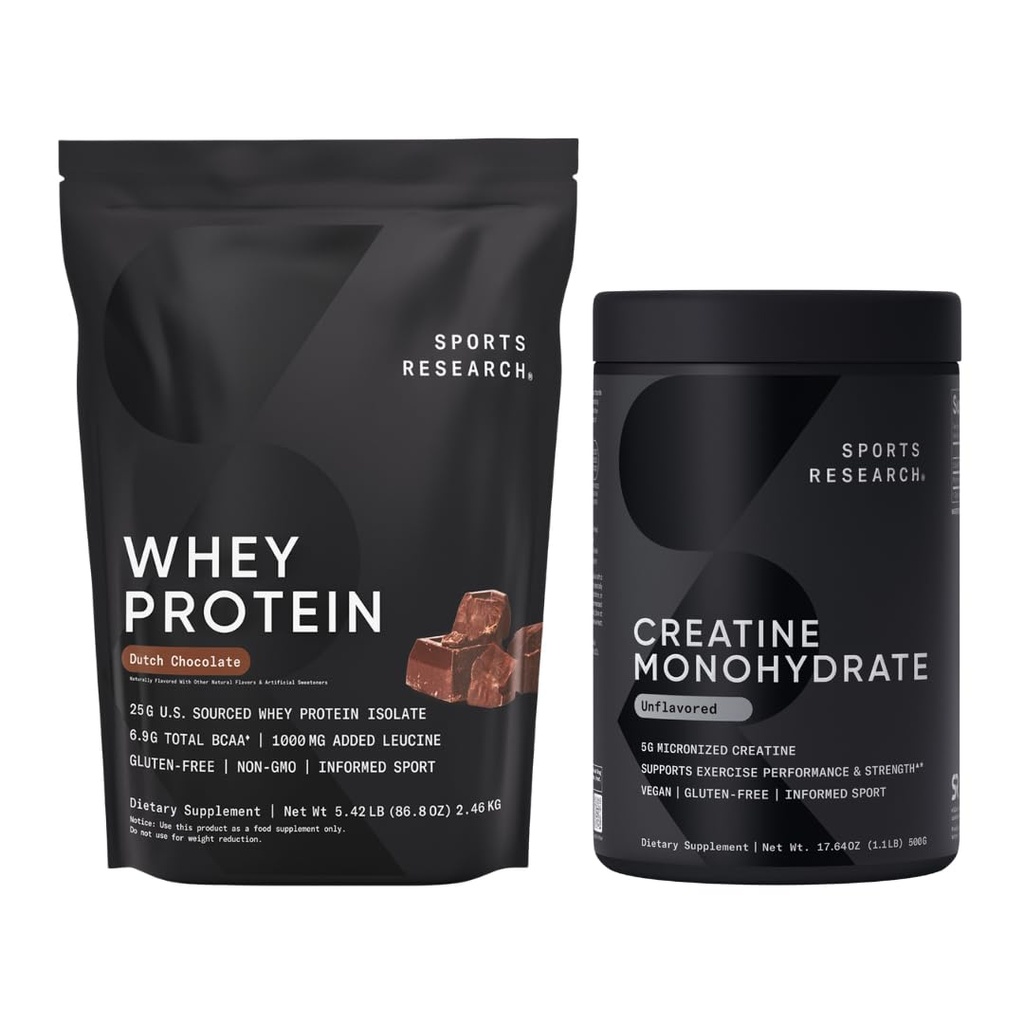 מחקר ספורט ® Creatine Monohydrate (1.1 LBS) וחלבון שוקולד הולנדי Whey (5.42 LBS), דינמי Duo עבור Lean שריר בניין, שיפור ביצועים ועוצמה ועבודה