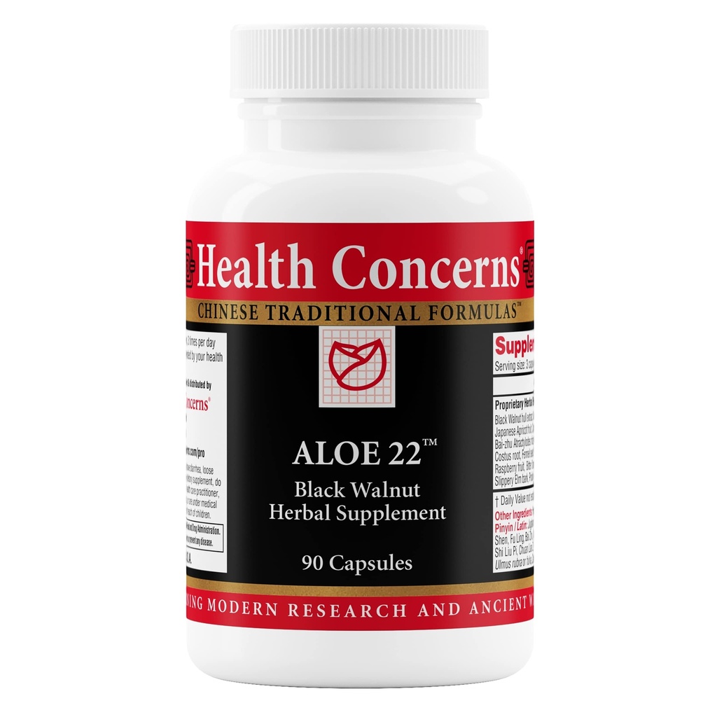 Health Concerns Aloe 22 - תמיכה עיכול & Intestinal ניקויse - Constipation, Bloating & Parasite Detox תוסף - Black Walnut, ג'ינג'ר, Myrobalan & Aloe Vera Herbal Formula - 90 קפסולות