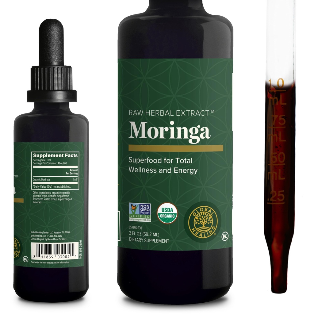 Global Healing Center - Organic Moringa Oleifera Extracts, Moringa תוסף-Vegan מ- Tree Leaves-MAX Absorption של ויטמינים ומינרלים - יותר כוח מאשר טופס אבקה (2 Fl Oz)