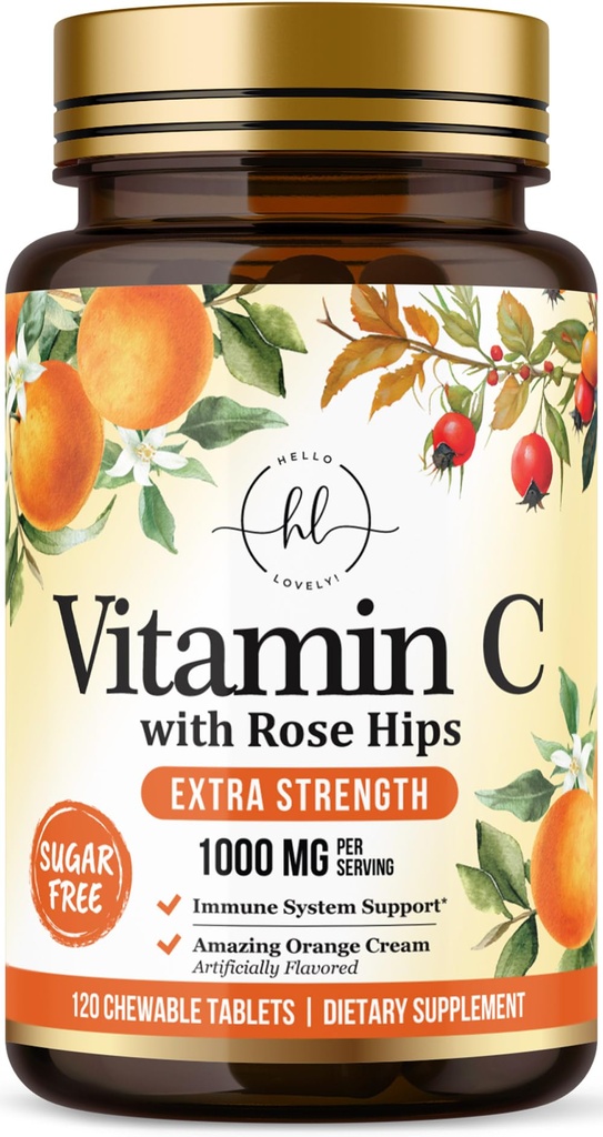 ויטמין C תוסף 1000 מ"ג - תוספת כוח עם Rose Hips Bioflavonoids - סוכר חינם ויטמין C Chewable Pills, Nature's Vit C for Immune Support & Antioxidant Protection - 120 טבליות Chewable