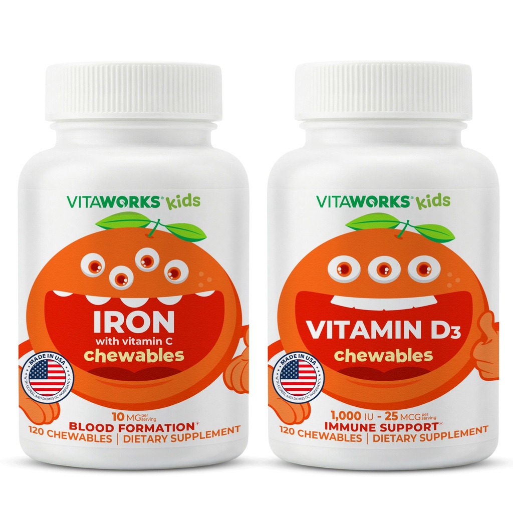 ילדים Iron 10mg + ויטמין C Chewables + ויטמין D3 1000 IU Chewables Bundle