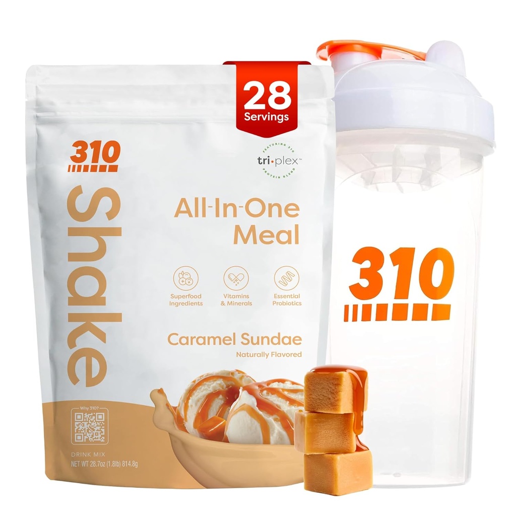 310 תזונה All-in-One Mealהחלפת אבקת Shake w/Shaker Cup Starter Kit - High Protein סיבים עשירים עשירים ב- Sugar-Free, Keto & Paleo Friendly, Low Carb - Carb - Carmel Sundae 28 srvvvv