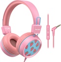 New Bee Kids Headphones Wired for School with Microphone KH20 HD Stereo Safe Volume LimiteddB/94dB Foldable Light Weight for Girl/Mac/Android/Kindle/Tablet/Pad (Pink)